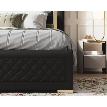 HMR Modern Upholstered Bed Frame with Polished Gold and Faux Leather Headboard - Black, King Size