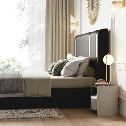 HMR Modern Upholstered Bed Frame with Polished Gold and Faux Leather Headboard - Black, King Size