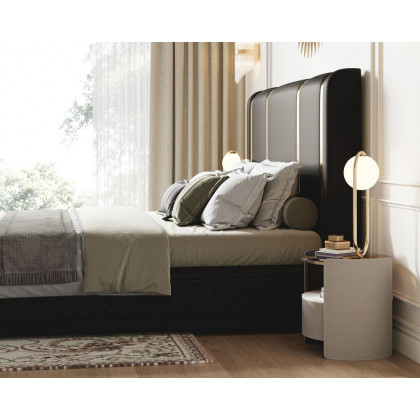 HMR Modern Upholstered Bed Frame with Polished Gold and Faux Leather Headboard - Black, King Size