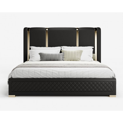 HMR Modern Upholstered Bed Frame with Polished Gold and Faux Leather Headboard - Black, King Size