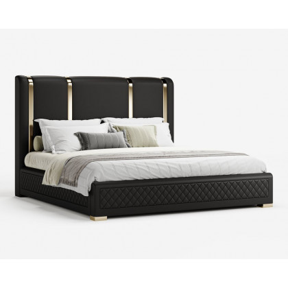 HMR Modern Upholstered Bed Frame with Polished Gold and Faux Leather Headboard - Black, King Size