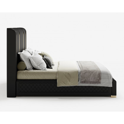 HMR Modern Upholstered Bed Frame with Polished Gold and Faux Leather Headboard - Black, King Size
