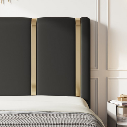 HMR Modern Upholstered Bed Frame with Polished Gold and Faux Leather Headboard - Black, King Size