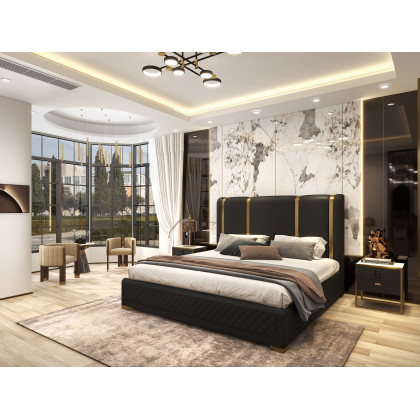 HMR Modern Upholstered Bed Frame with Polished Gold and Faux Leather Headboard - Black, King Size