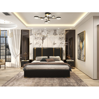 HMR Modern Upholstered Bed Frame with Polished Gold and Faux Leather Headboard - Black, King Size