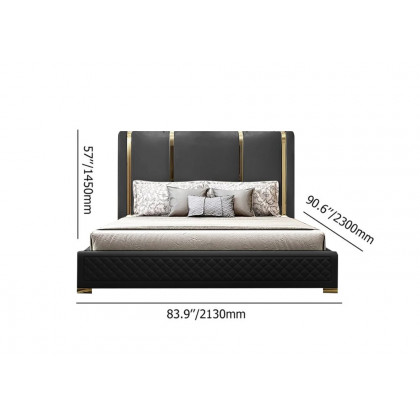 HMR Modern Upholstered Bed Frame with Polished Gold and Faux Leather Headboard - Black, King Size