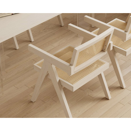 HMR Archic Japandi Bleached Wood Rattan Dining Chair with Solid Wood Frame - Washed White, Without Upholstery, 4-Pieces