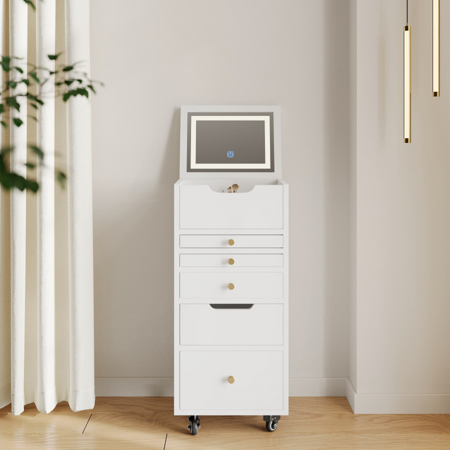 HMR - 5-Drawer Beauty Cart Dresser with LED Mirror & Jewelry Storage
