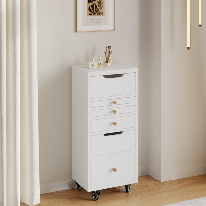 HMR - 5-Drawer Beauty Cart Dresser with LED Mirror & Jewelry Storage