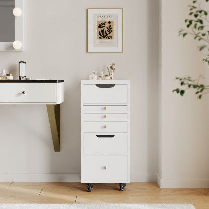 HMR - 5-Drawer Beauty Cart Dresser with LED Mirror & Jewelry Storage