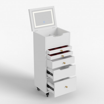 HMR - 5-Drawer Beauty Cart Dresser with LED Mirror & Jewelry Storage