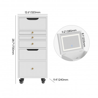 HMR - 5-Drawer Beauty Cart Dresser with LED Mirror & Jewelry Storage