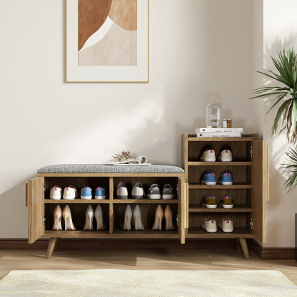 HMR 47" Shoe Storage Bench with 3 Doors & 5 Shelves - Walnut, Right Hand