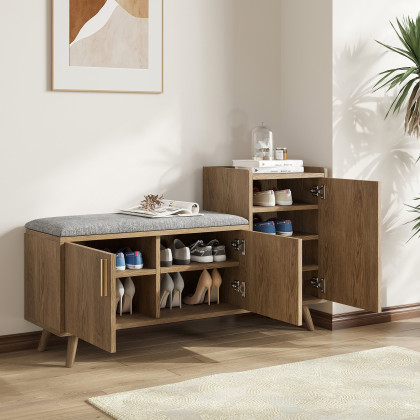 HMR 47" Shoe Storage Bench with 3 Doors & 5 Shelves - Walnut, Right Hand