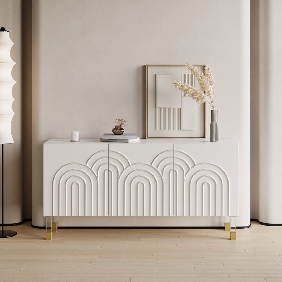 HMR - Modern White Credenza Cabinet 3-Door Wavy Pattern Sideboard Acrylic Legs