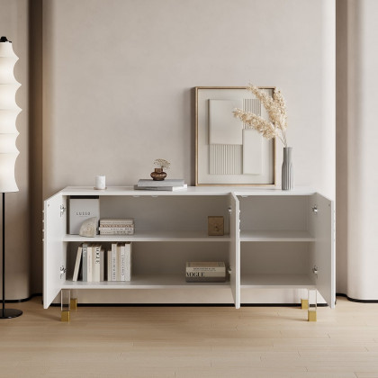 HMR - Modern White Credenza Cabinet 3-Door Wavy Pattern Sideboard Acrylic Legs