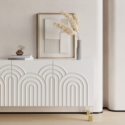 HMR - Modern White Credenza Cabinet 3-Door Wavy Pattern Sideboard Acrylic Legs