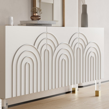 HMR - Modern White Credenza Cabinet 3-Door Wavy Pattern Sideboard Acrylic Legs