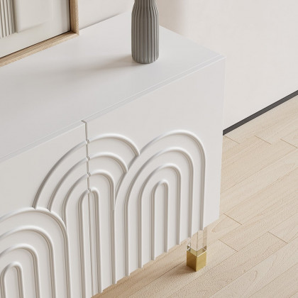 HMR - Modern White Credenza Cabinet 3-Door Wavy Pattern Sideboard Acrylic Legs