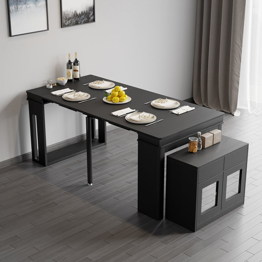 HMR 70.9" Rectangle Folding Wood Dining Table with Sideboard (Seats 2-4 People) - Black