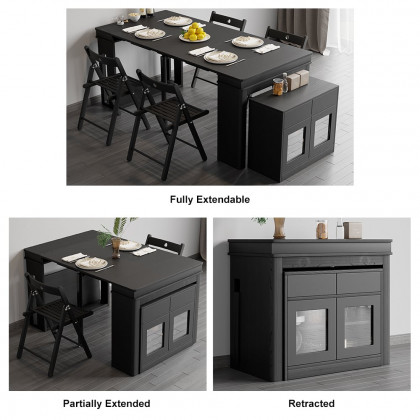 HMR 70.9" Rectangle Folding Wood Dining Table with Sideboard (Seats 2-4 People) - Black
