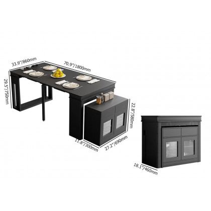HMR 70.9" Rectangle Folding Wood Dining Table with Sideboard (Seats 2-4 People) - Black
