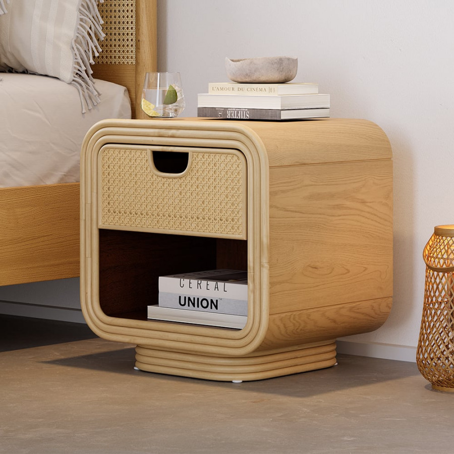 HMR - Boho Rattan Wood Natural Nightstand 1 Drawer Bedside Table with Open Storage