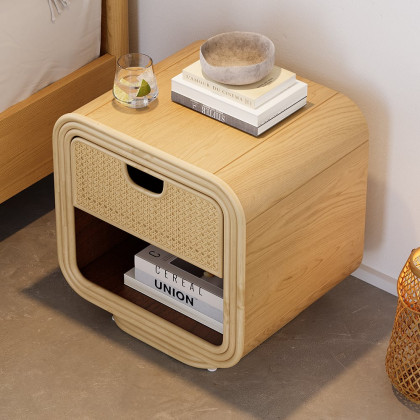 HMR - Boho Rattan Wood Natural Nightstand 1 Drawer Bedside Table with Open Storage