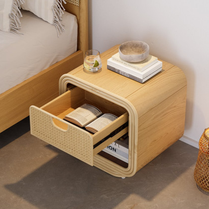 HMR - Boho Rattan Wood Natural Nightstand 1 Drawer Bedside Table with Open Storage