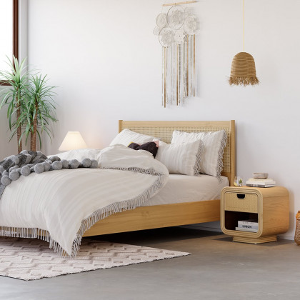 HMR - Boho Rattan Wood Natural Nightstand 1 Drawer Bedside Table with Open Storage