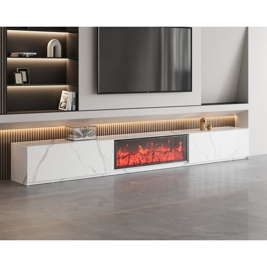 HMR Electric Fireplace TV Stand with 2 Drawers - White, Sintered Stone, 86.6"W×15.4"D×15.4"H