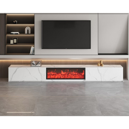 HMR Electric Fireplace TV Stand with 2 Drawers - White, Sintered Stone, 86.6"W×15.4"D×15.4"H