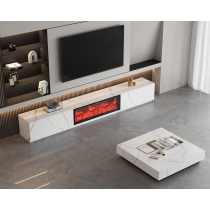 HMR Electric Fireplace TV Stand with 2 Drawers - White, Sintered Stone, 86.6"W×15.4"D×15.4"H