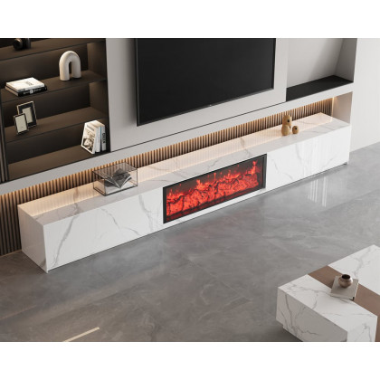 HMR Electric Fireplace TV Stand with 2 Drawers - White, Sintered Stone, 86.6"W×15.4"D×15.4"H