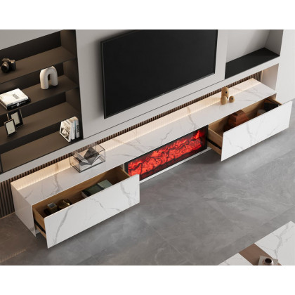 HMR Electric Fireplace TV Stand with 2 Drawers - White, Sintered Stone, 86.6"W×15.4"D×15.4"H