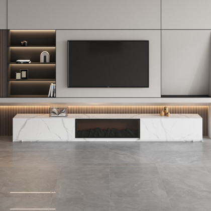 HMR Electric Fireplace TV Stand with 2 Drawers - White, Sintered Stone, 86.6"W×15.4"D×15.4"H