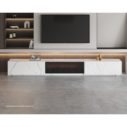 HMR Electric Fireplace TV Stand with 2 Drawers - White, Sintered Stone, 86.6"W×15.4"D×15.4"H