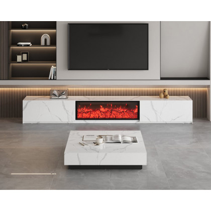 HMR Electric Fireplace TV Stand with 2 Drawers - White, Sintered Stone, 86.6"W×15.4"D×15.4"H