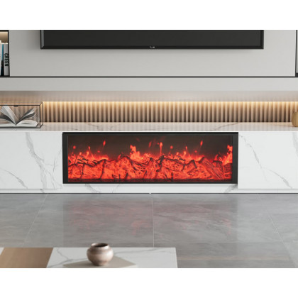 HMR Electric Fireplace TV Stand with 2 Drawers - White, Sintered Stone, 86.6"W×15.4"D×15.4"H