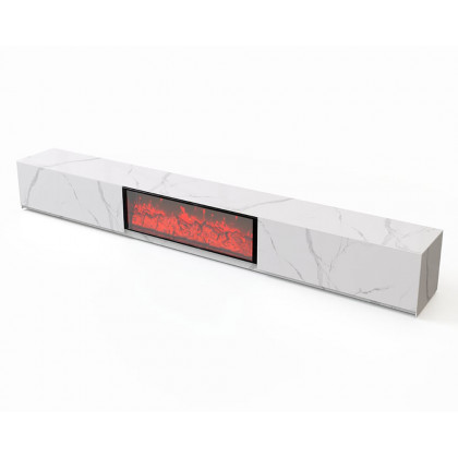 HMR Electric Fireplace TV Stand with 2 Drawers - White, Sintered Stone, 86.6"W×15.4"D×15.4"H