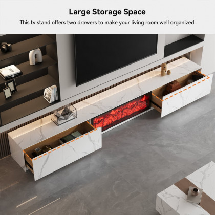 HMR Electric Fireplace TV Stand with 2 Drawers - White, Sintered Stone, 86.6"W×15.4"D×15.4"H