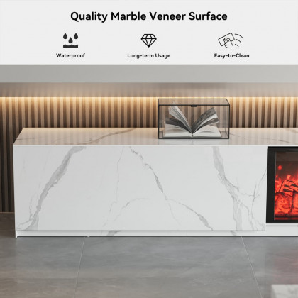 HMR Electric Fireplace TV Stand with 2 Drawers - White, Sintered Stone, 86.6"W×15.4"D×15.4"H