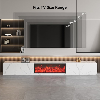 HMR Electric Fireplace TV Stand with 2 Drawers - White, Sintered Stone, 86.6"W×15.4"D×15.4"H