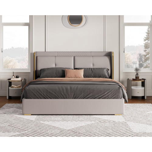 HMR Wingback Bed Headboard & 2 Nightstands Set with Wireless Charger - Light Gray, King, Style B