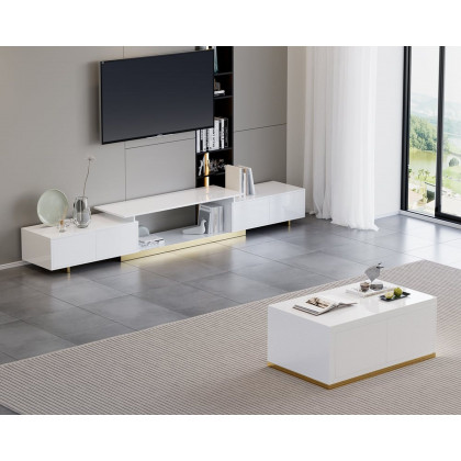HMR Mordelle Glossy Extendable TV Stand & Coffee Table Set - White, Style A