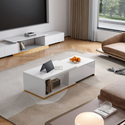 HMR Mordelle Glossy Extendable TV Stand & Coffee Table Set - White, Style A
