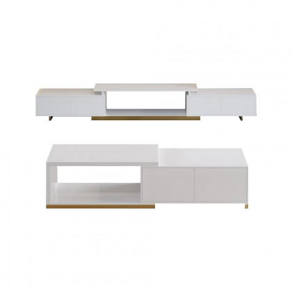 HMR Mordelle Glossy Extendable TV Stand & Coffee Table Set - White, Style A