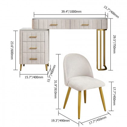 HMR Modern Expandable Makeup Vanity Dressing Table with Chair - White, Velvet