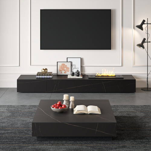 HMR Sintered Stone Electric Fireplace Humidifier TV Stand & 39" Coffee Table Set - Black, 86.6"W x 15.7"D x 10"H