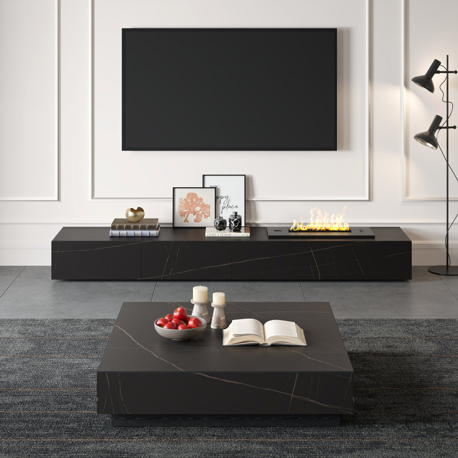 HMR Sintered Stone Electric Fireplace Humidifier TV Stand & 39" Coffee Table Set - Black, 86.6"W x 15.7"D x 10"H